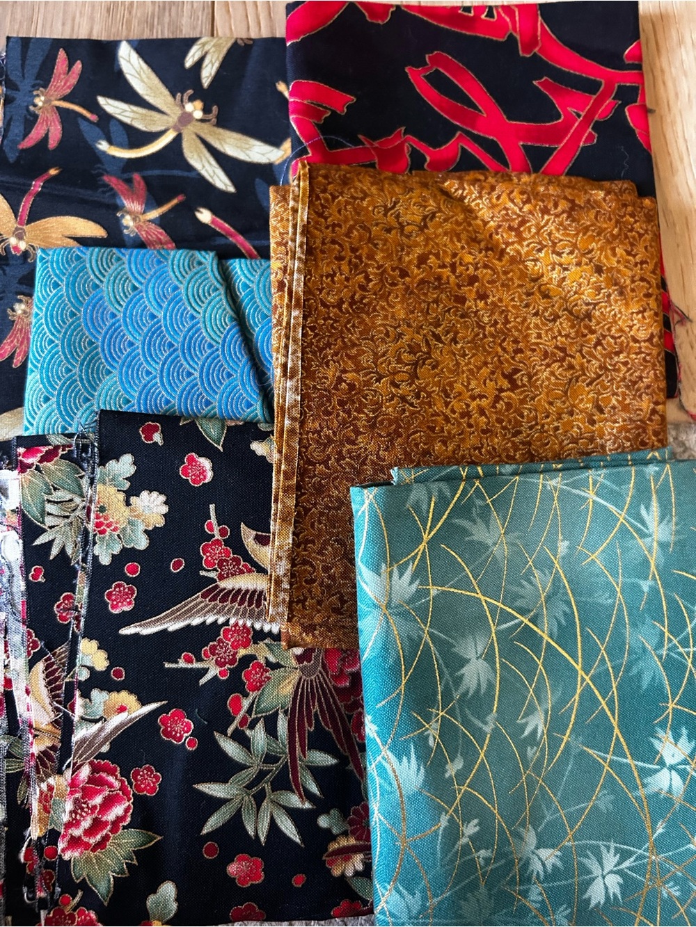 Assorted Japanese-Inspired Fabric Bundle in Black, Teal, Gold, Red